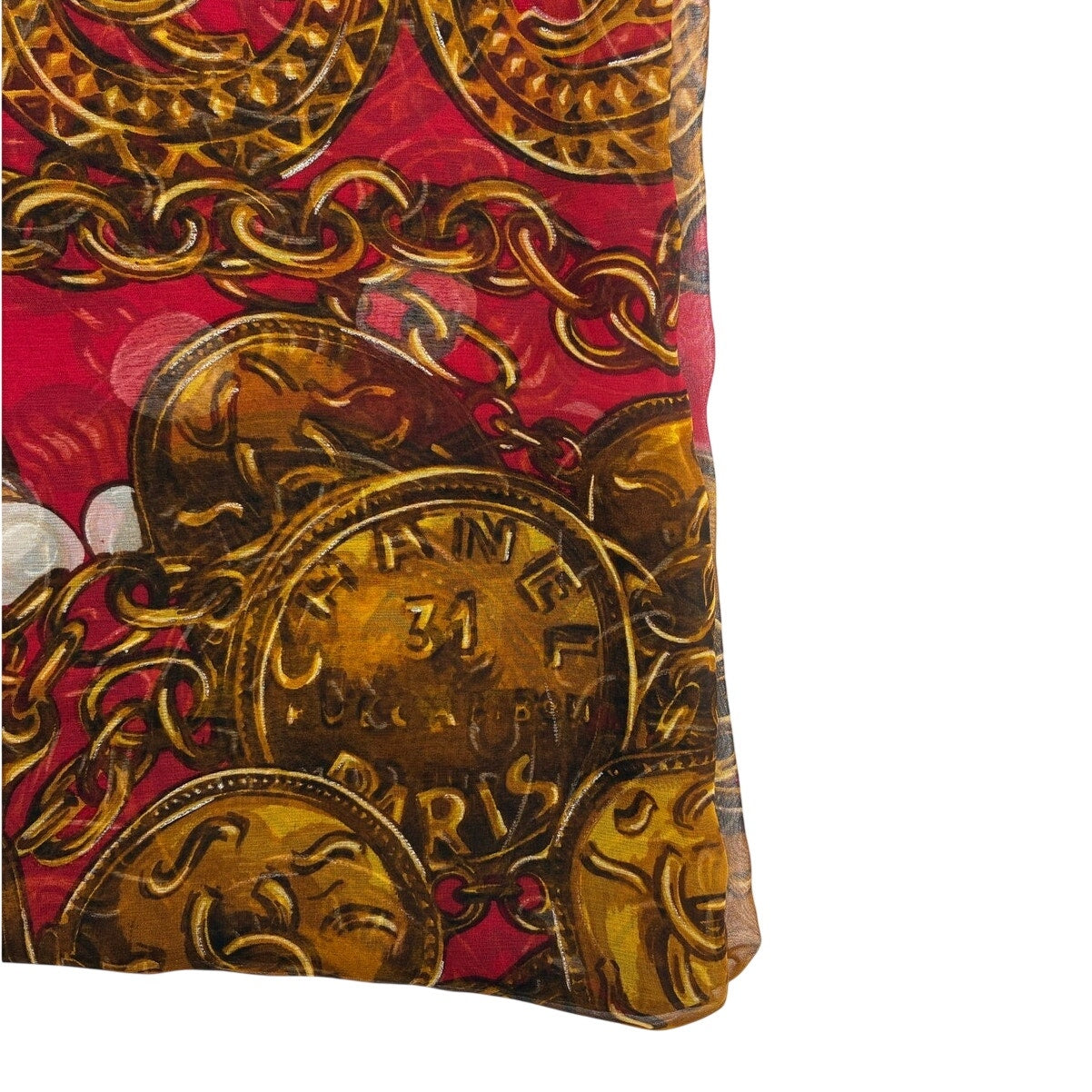 51" Vintage Silk Chain & Coin Red & Gold Square Scarf