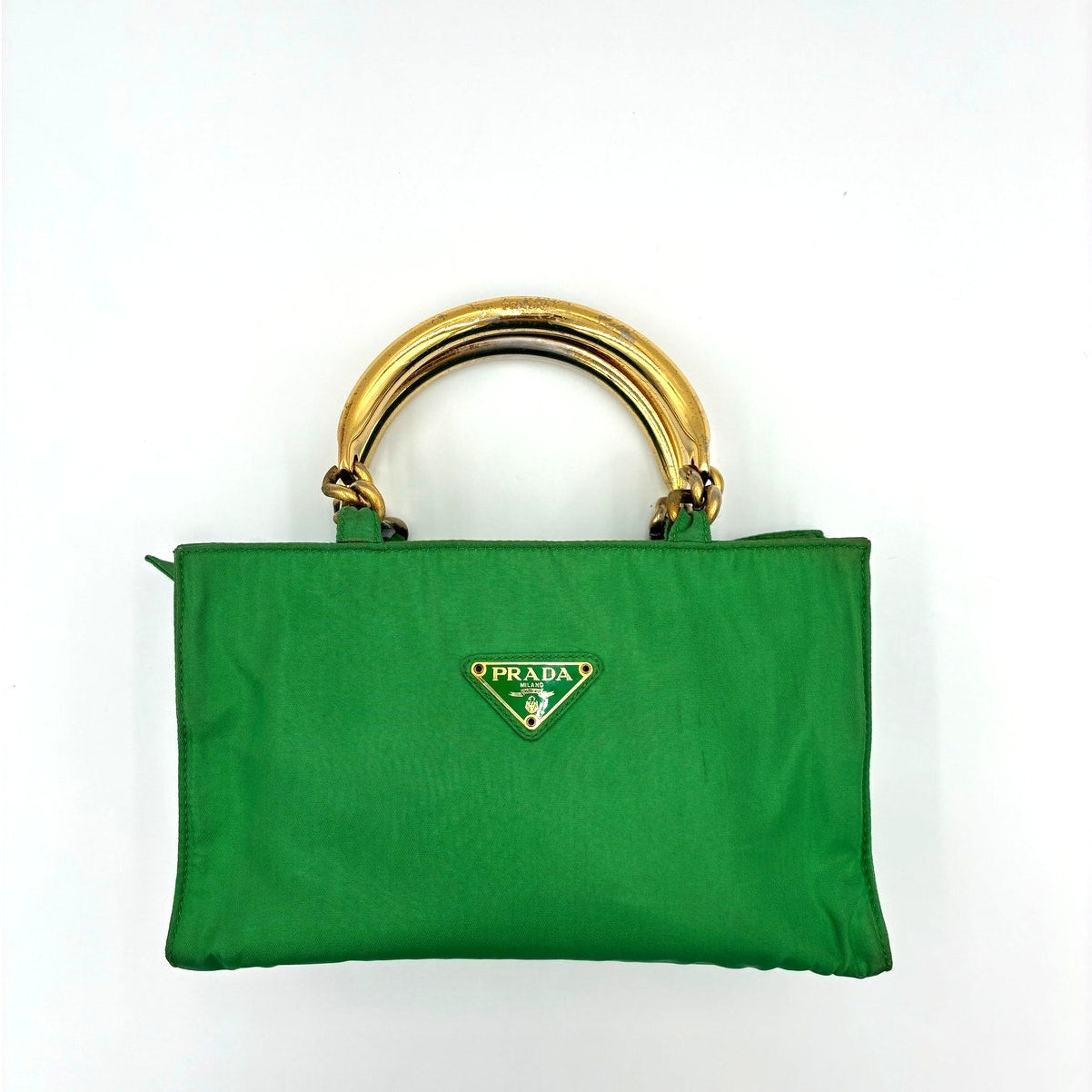 Vintage Green Nylon Mini Hand Bag Gold Hardware