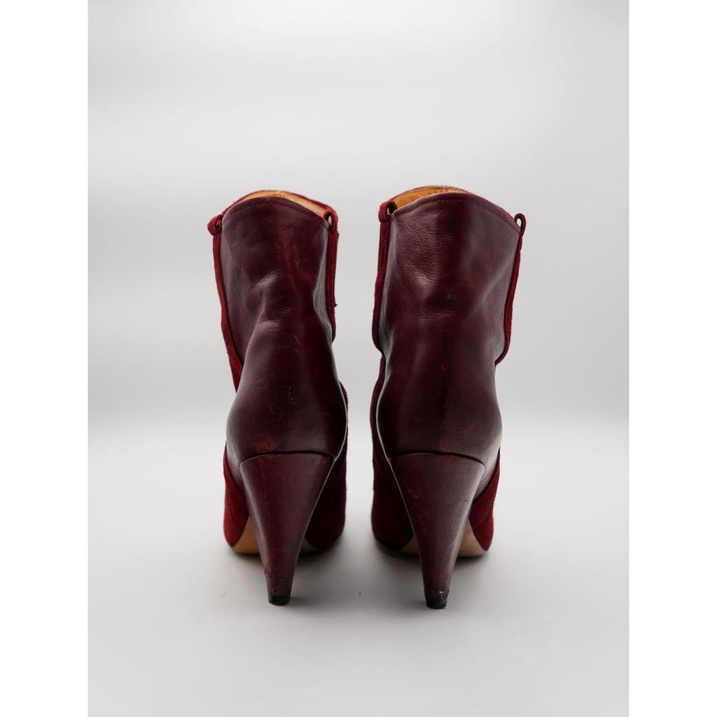 Suede & Leather Red Embroidered Ankle Bootie