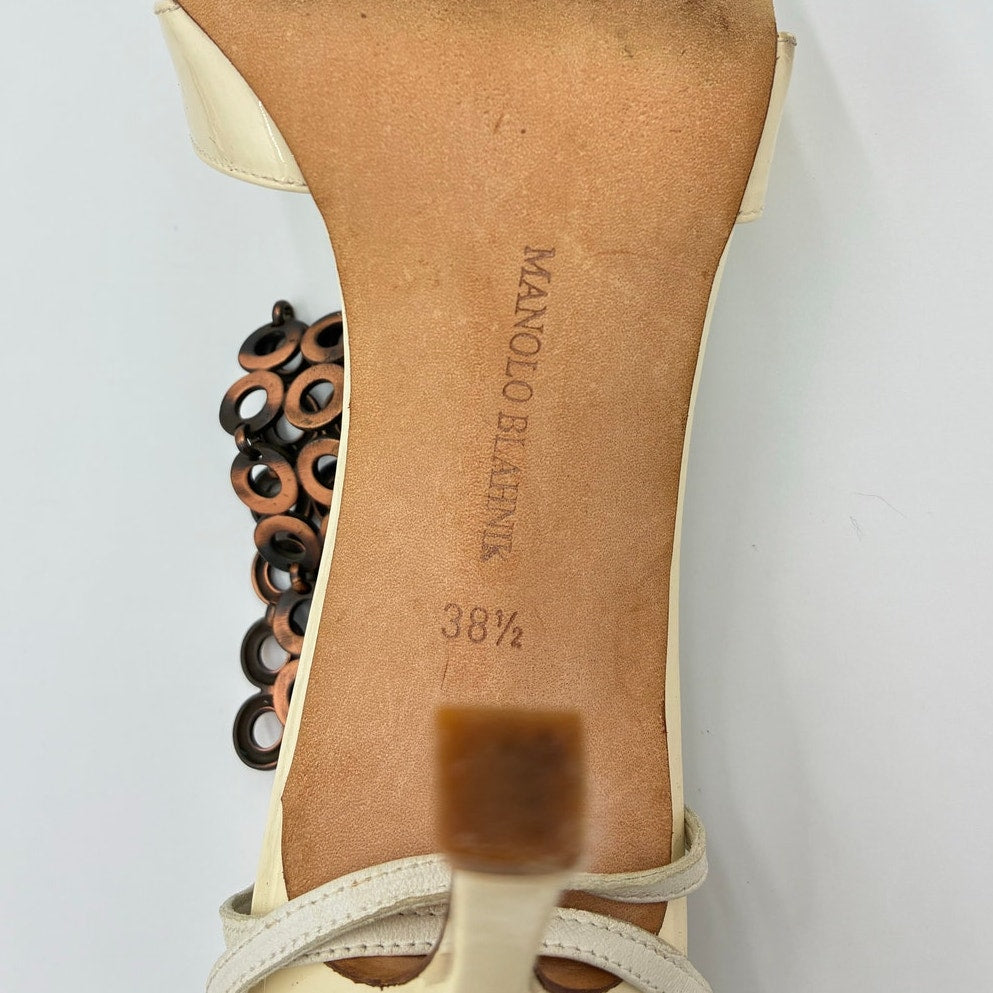 38.5 White Patent Leather & Bronzed Metal Wrap Sandals Heels