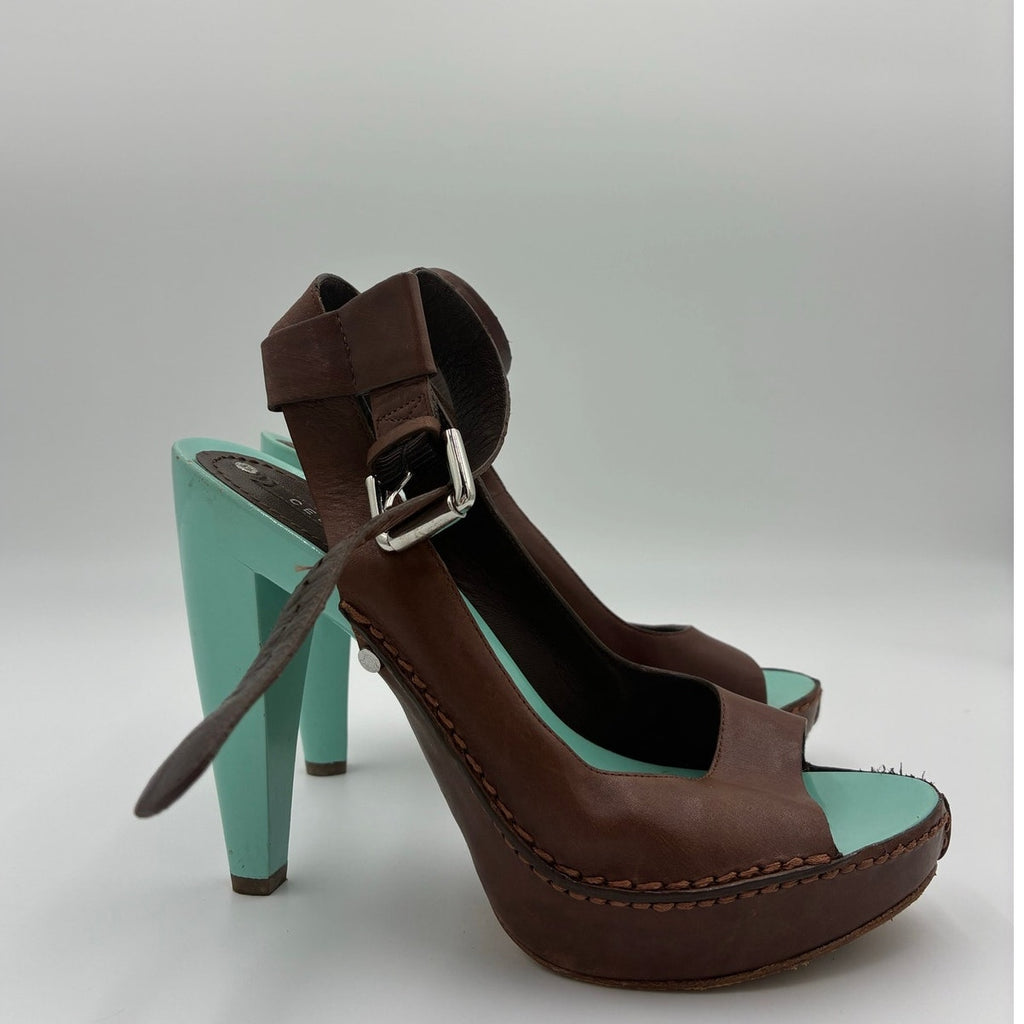 37 Vintage Brown Leather Slingback Platform Heels