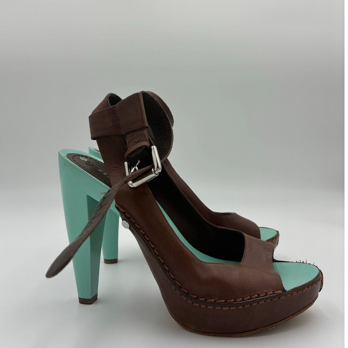 37 Vintage Brown Leather Slingback Platform Heels