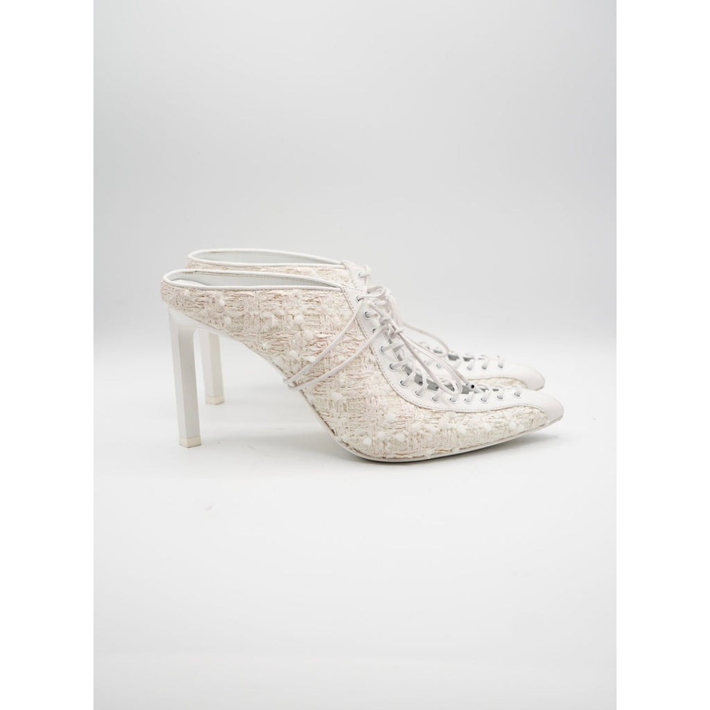 White Pointed-Toe Lace-Up Tweed Mules