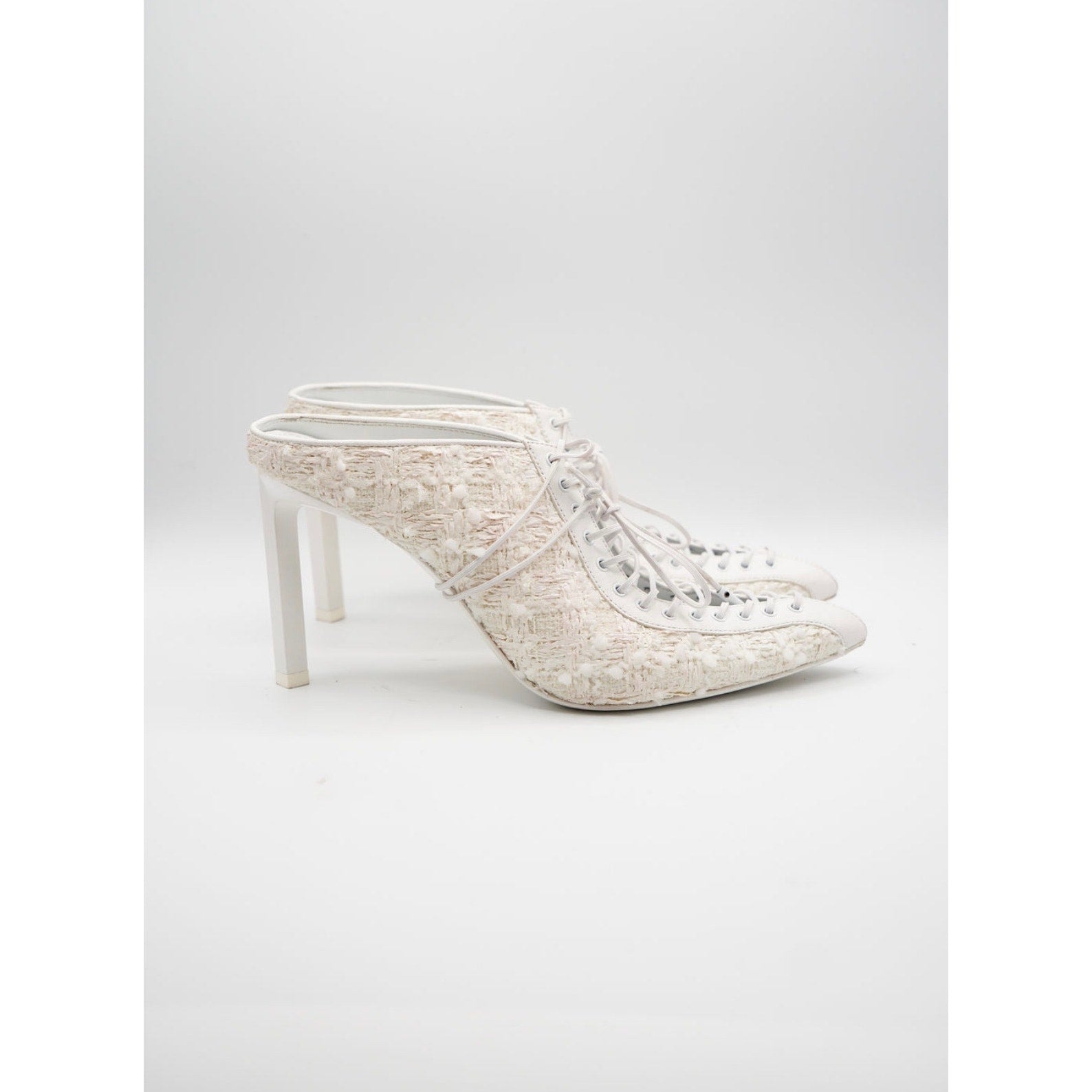 White Pointed-Toe Lace-Up Tweed Mules