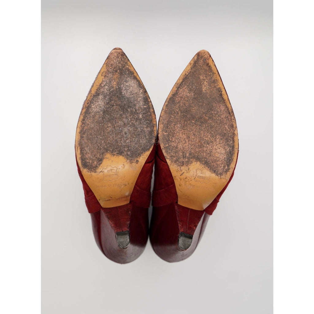 Suede & Leather Red Embroidered Ankle Bootie