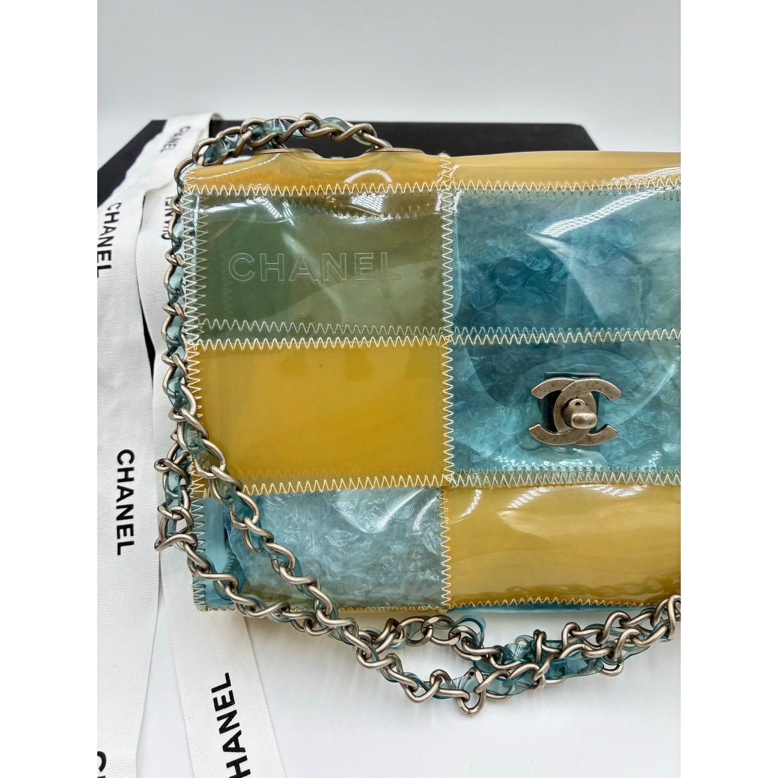 CC Chocolate Bar Blue/Beige Chain Shoulder Bag