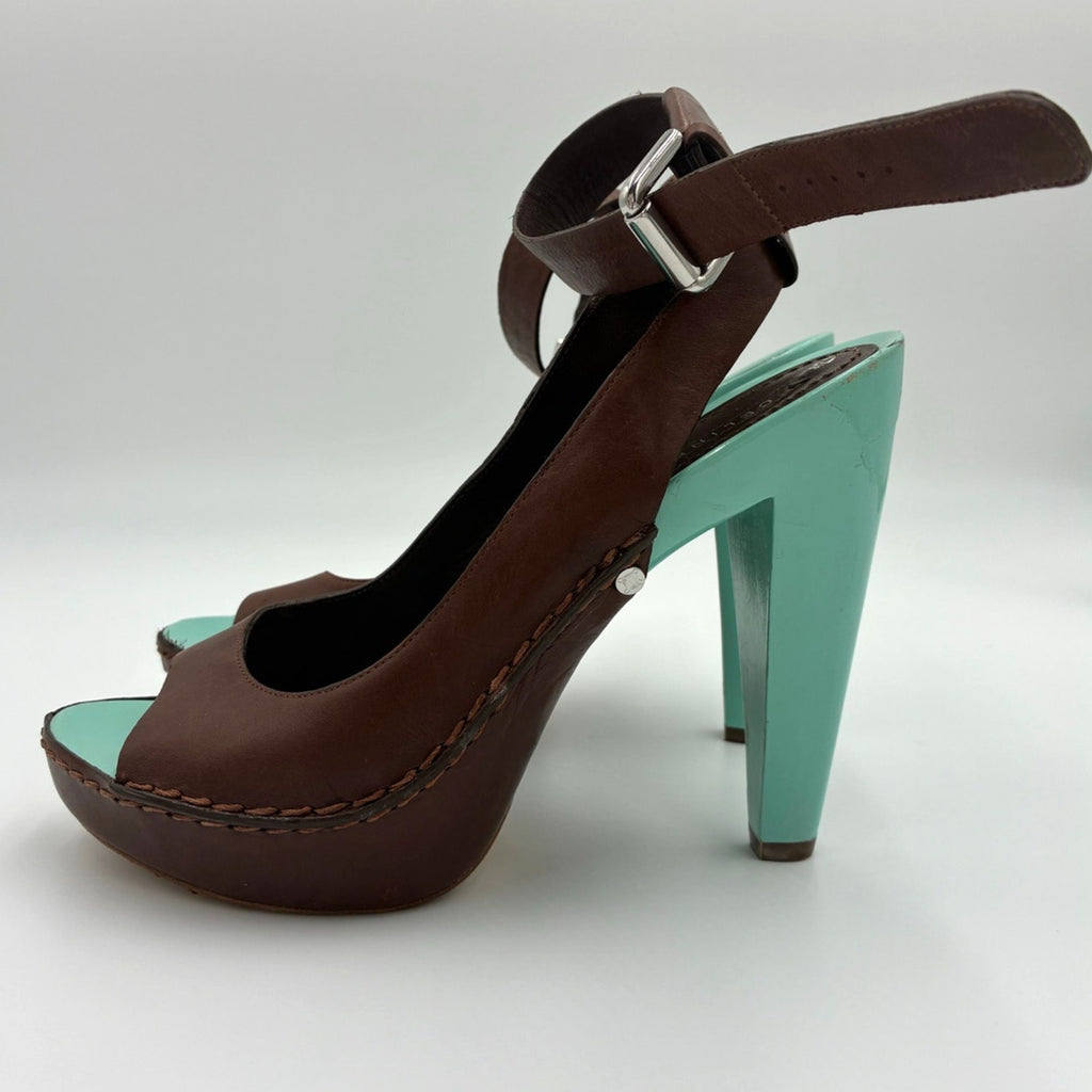 37 Vintage Brown Leather Slingback Platform Heels