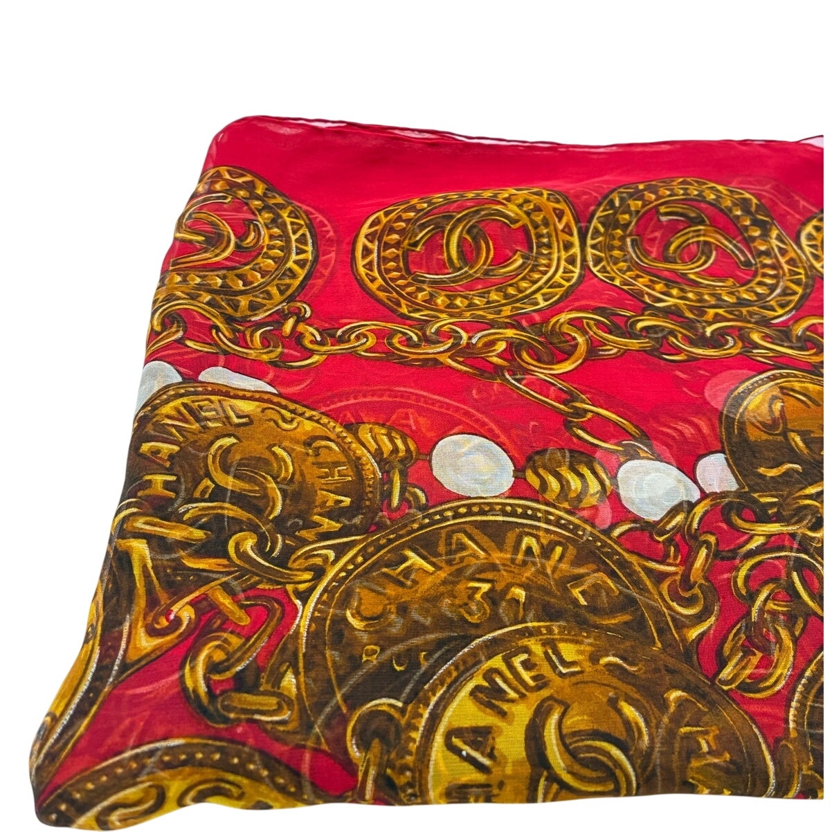 51" Vintage Silk Chain & Coin Red & Gold Square Scarf
