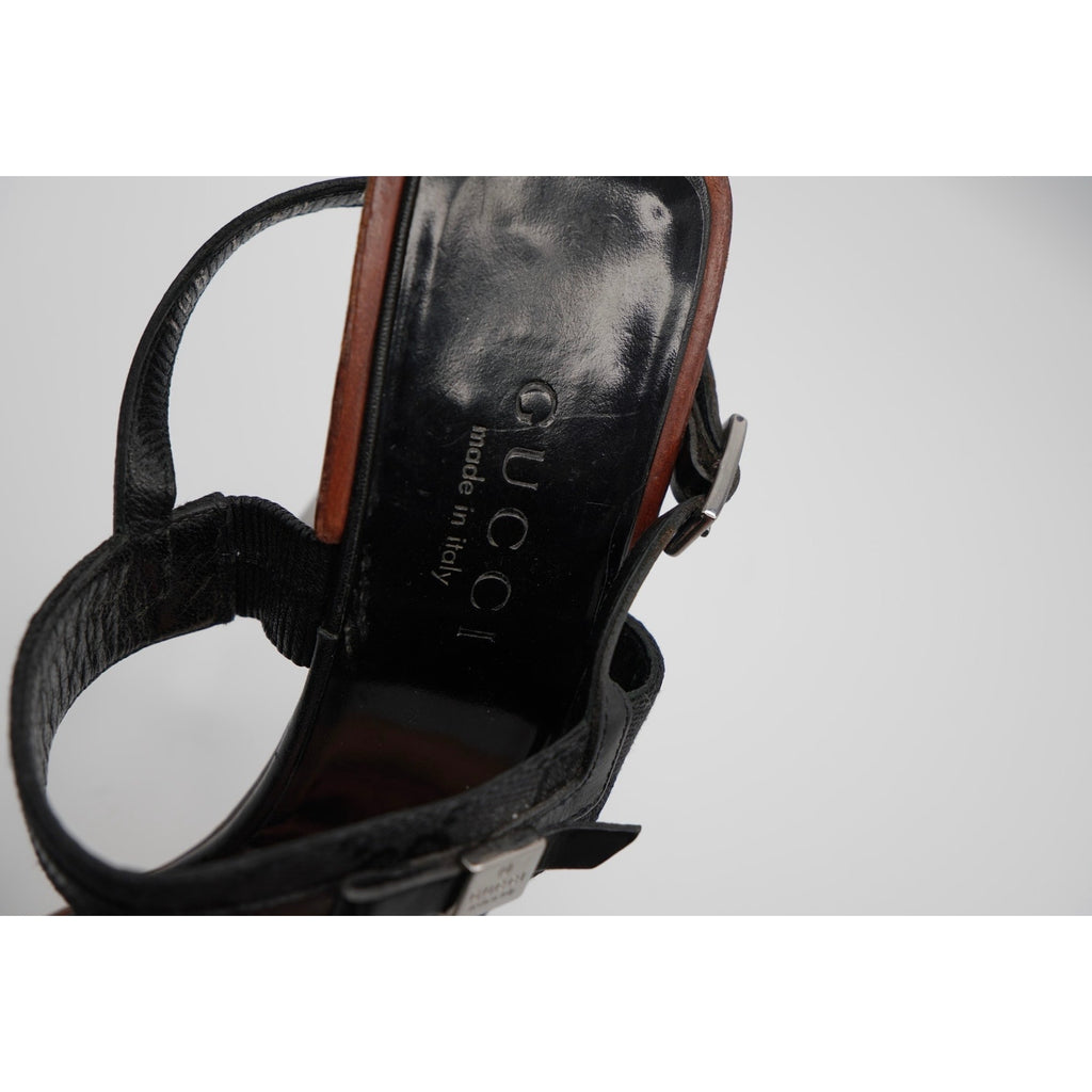 GG Black Canvas Leather Slingback Heels