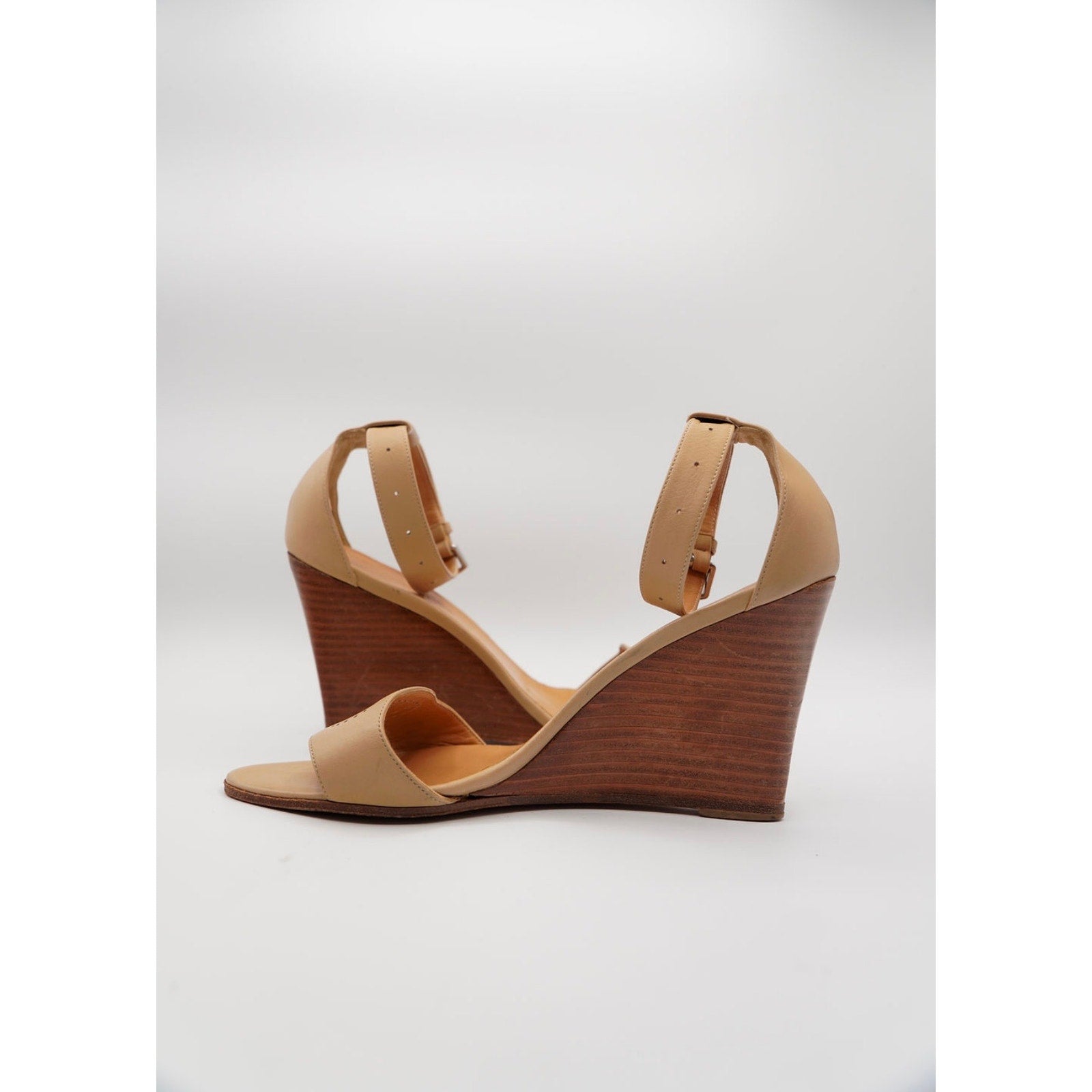 H Logo Nude Leather Wrap Wedge Sandals