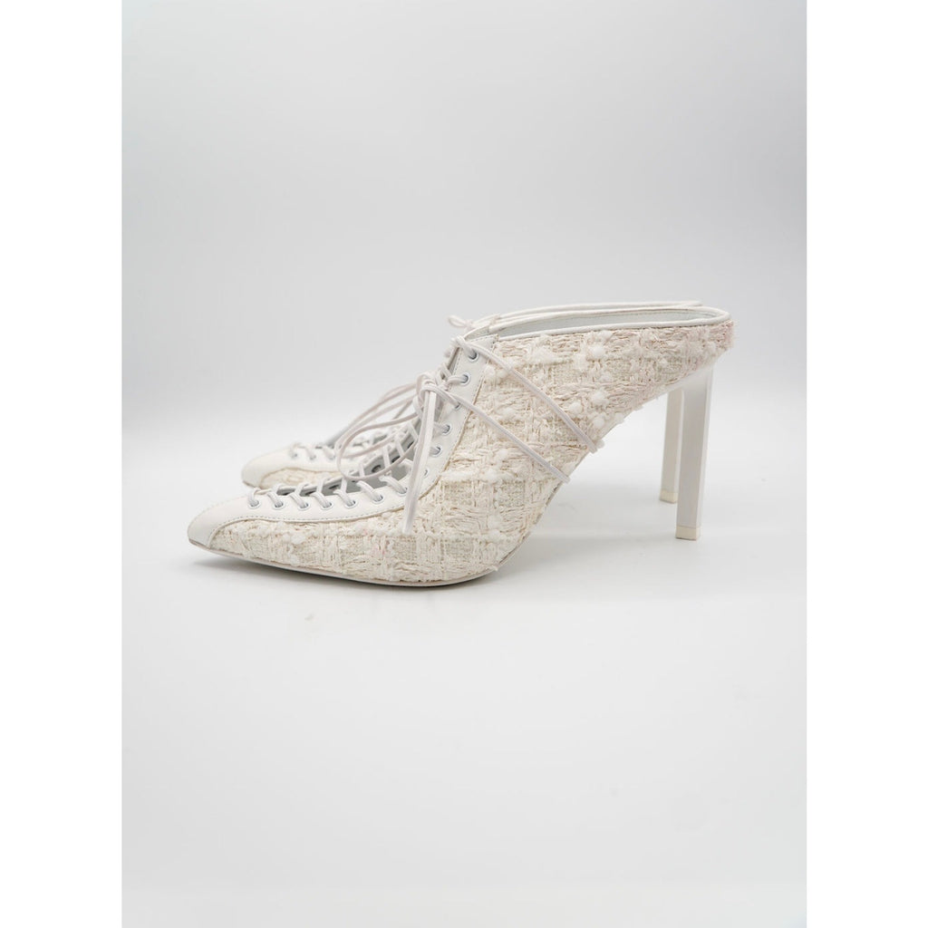 White Pointed-Toe Lace-Up Tweed Mules