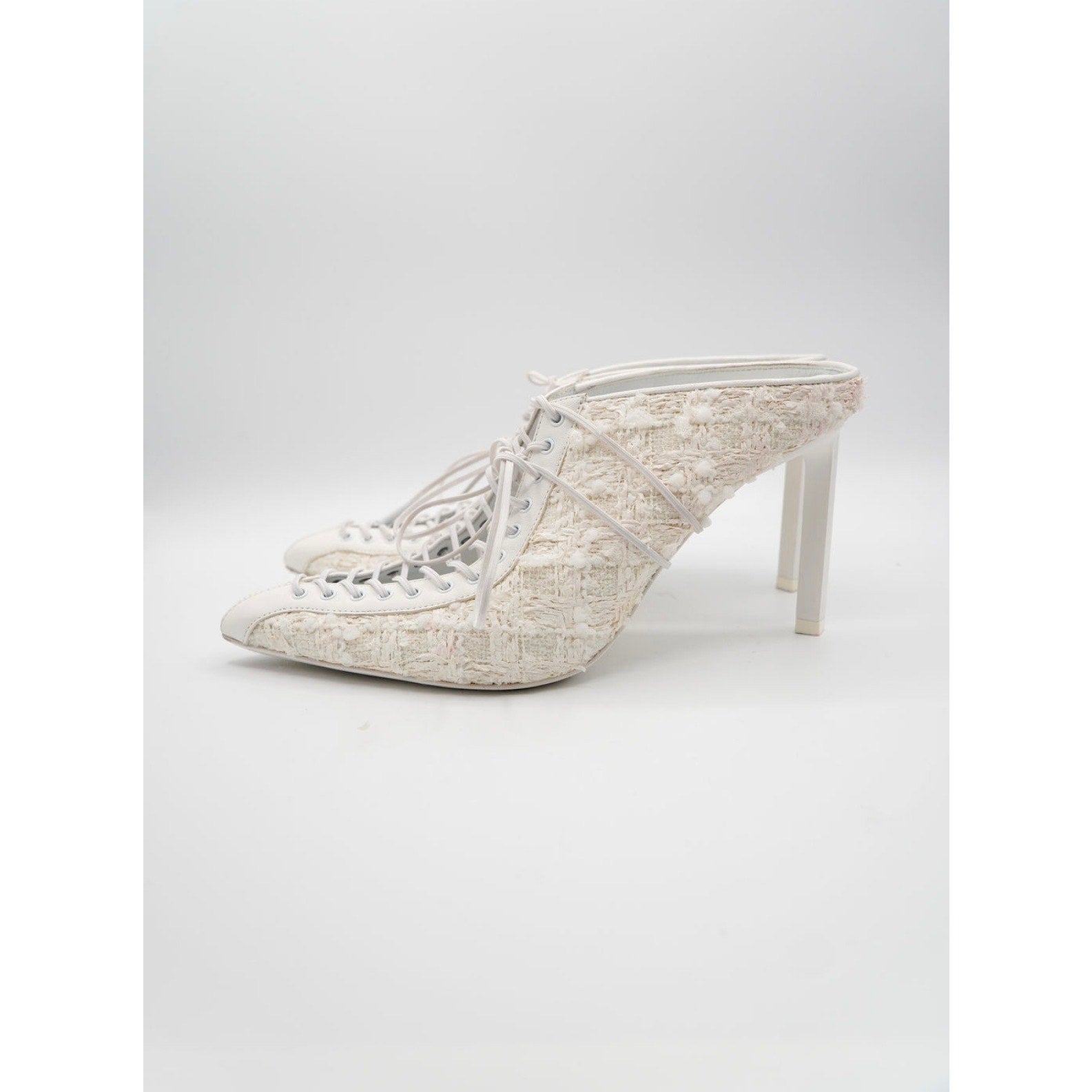 White Pointed-Toe Lace-Up Tweed Mules
