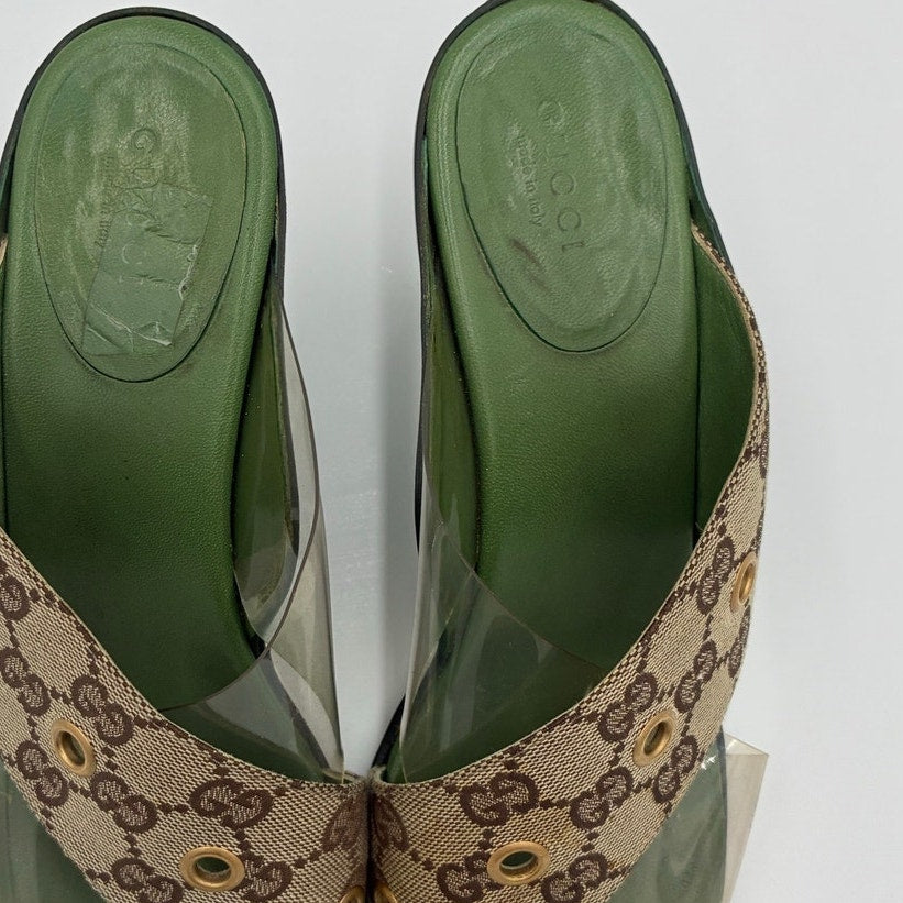 8.5 Vintage GG Monogram Canvas PVC Green & Brown Mules