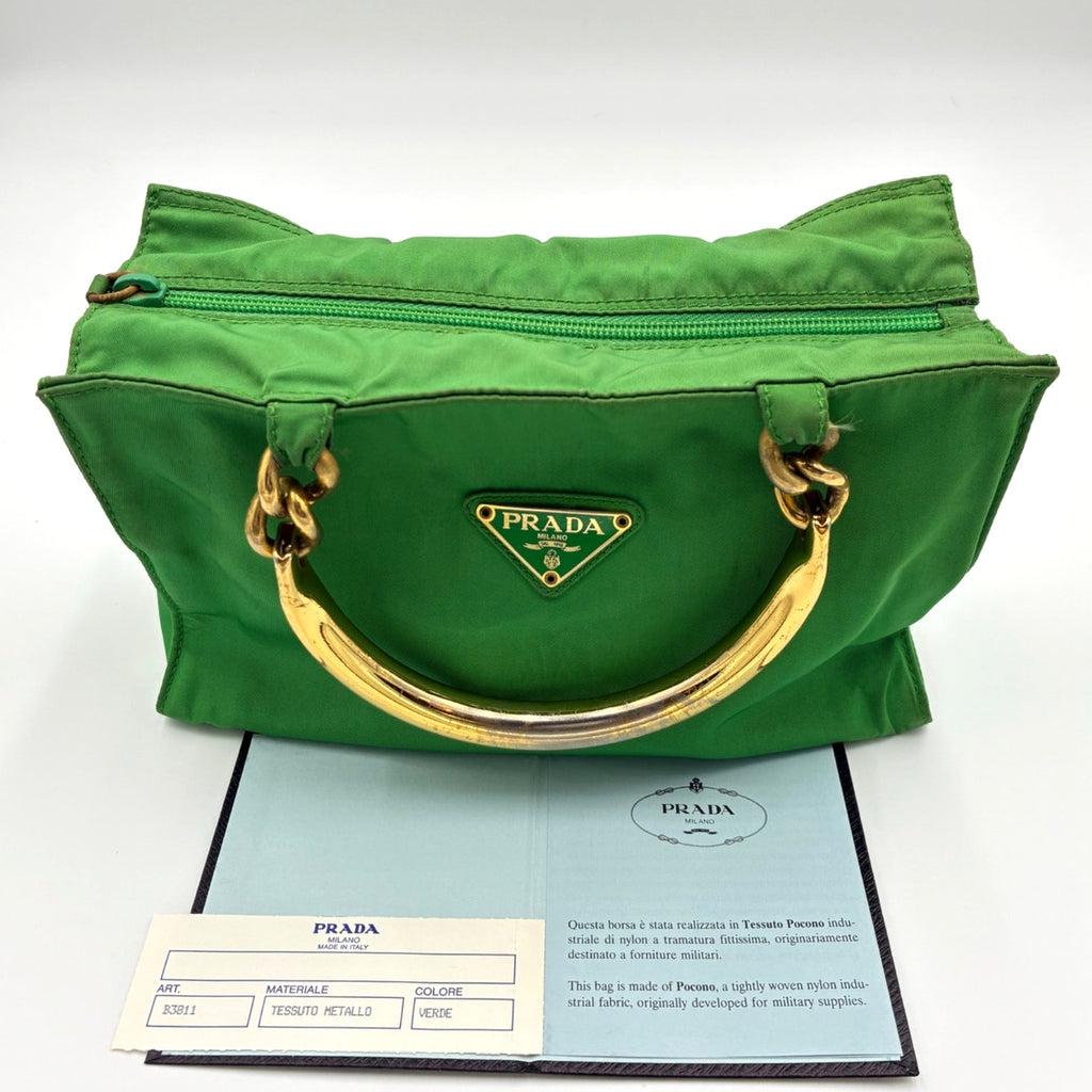 Vintage Green Nylon Mini Hand Bag Gold Hardware