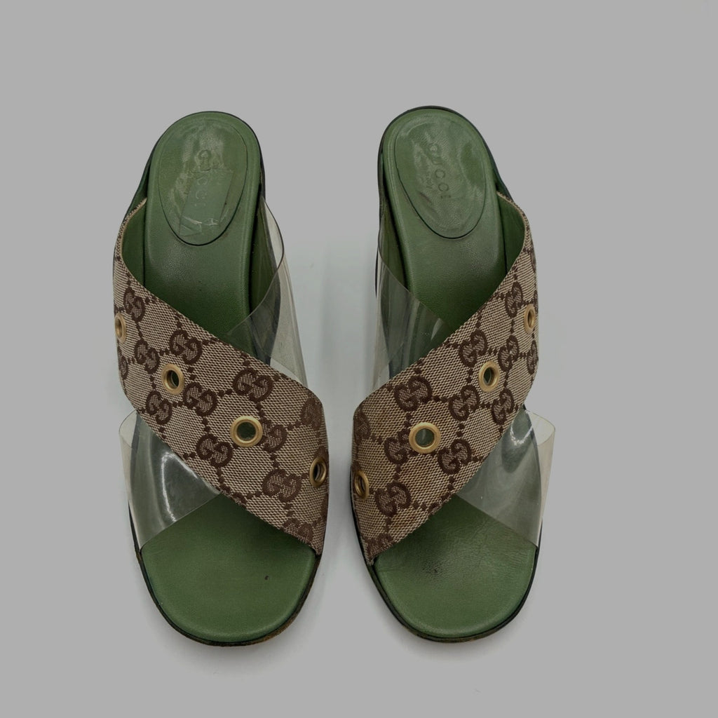 8.5 Vintage GG Monogram Canvas PVC Green & Brown Mules