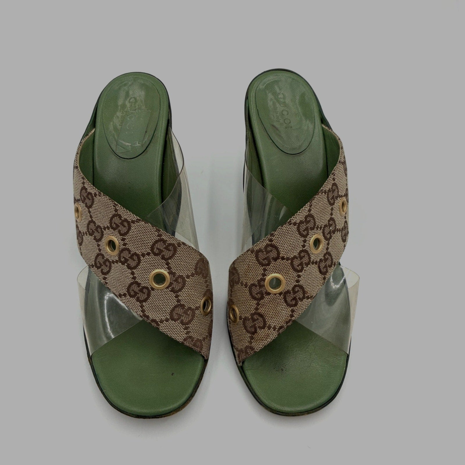 8.5 Vintage GG Monogram Canvas PVC Green & Brown Mules