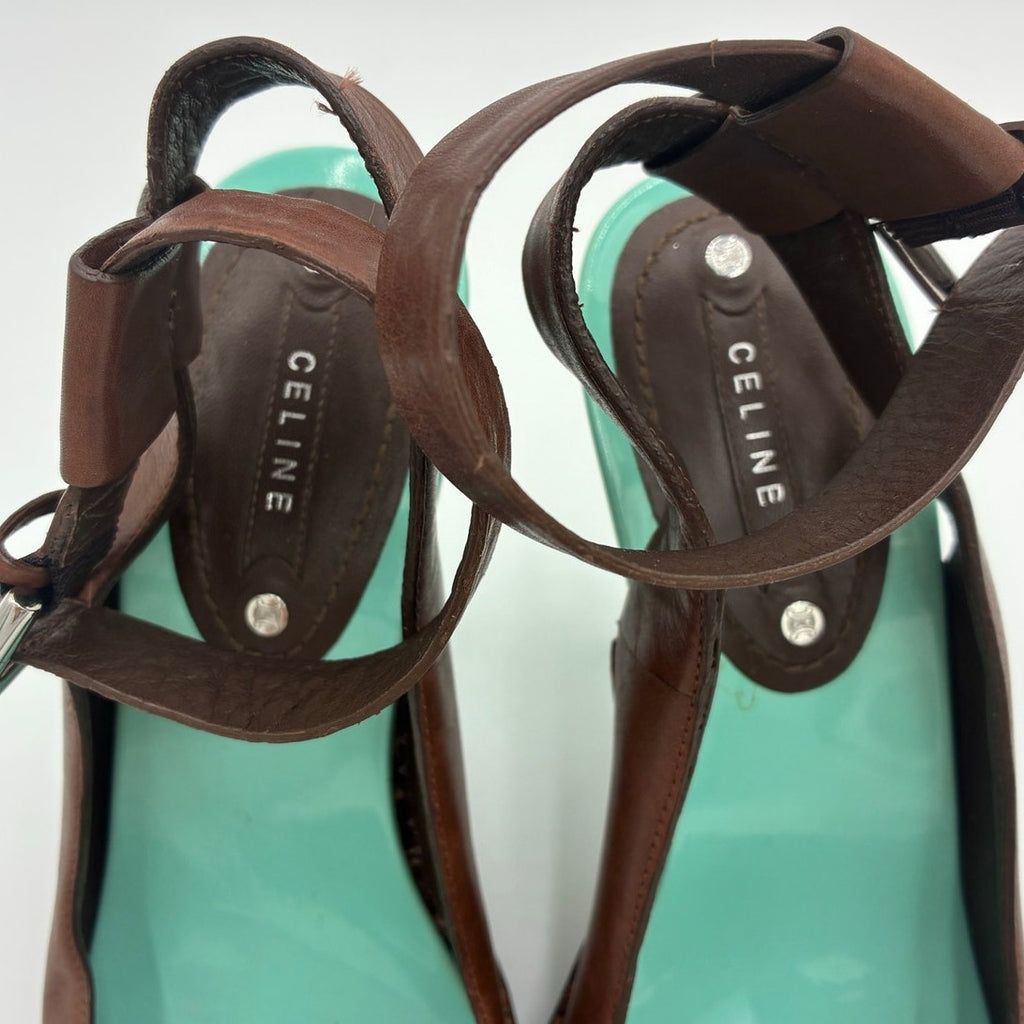 37 Vintage Brown Leather Slingback Platform Heels