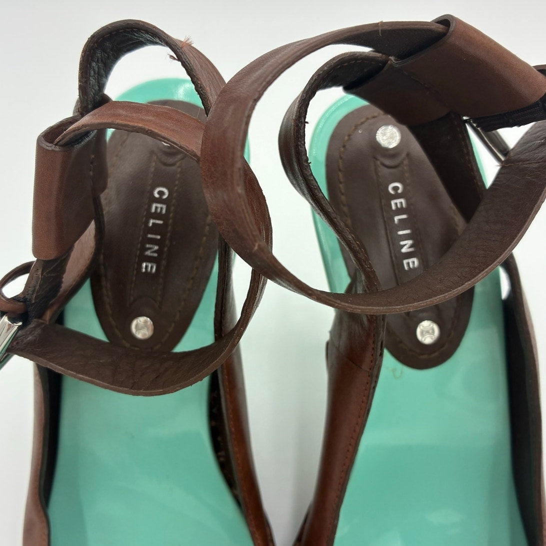 37 Vintage Brown Leather Slingback Platform Heels